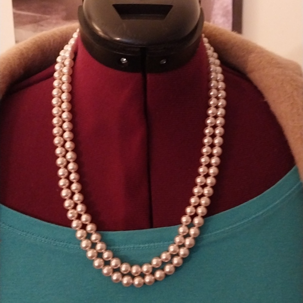 Rare-Vintage Double Strand Faux Leather Pearl Necklace Cubic Zirconia Clasp-24"